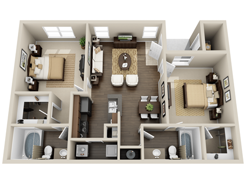 Floor plan for 2 beds, 2 baths, 985 sqft